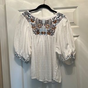 Solitaire white blouse with blue, grey and caramel color embroidery